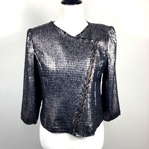 Express Women's‎ Silver Black Sequin Moto Jacket 3/4 Sleeve Sz Small Formal Goth